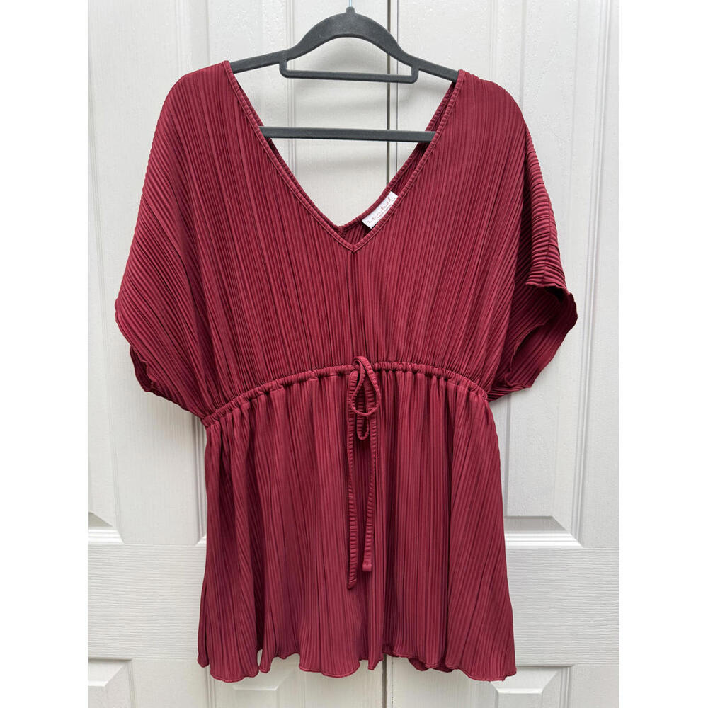 Ingrid & Isabel Blouse Red Boho Cinched Waist Top Flowy V Neck Women’s Large - Picture 2 of 6